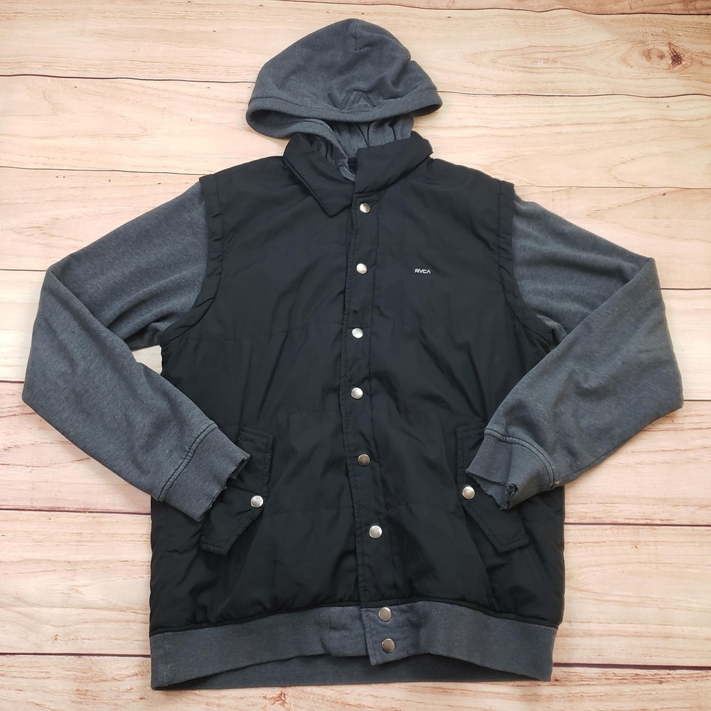 RVCA Jacket Mens Small Black Gray Hooded Snap Button Bomber Sweatshirt Hybrid